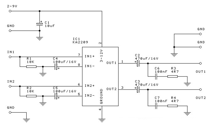 1 watt stereo audio amplifier circuit based ic ka2209