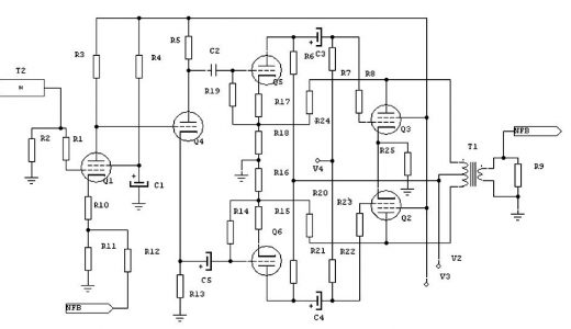 100 W audio valve amplifier circuit