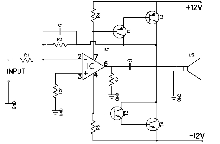 12 watt amplifier circuit based 741 op-amp