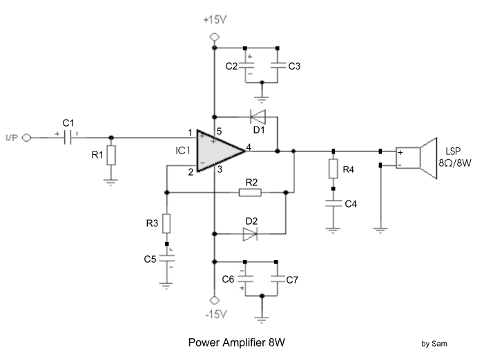 8 watt power amplifier circuit based TDA2030